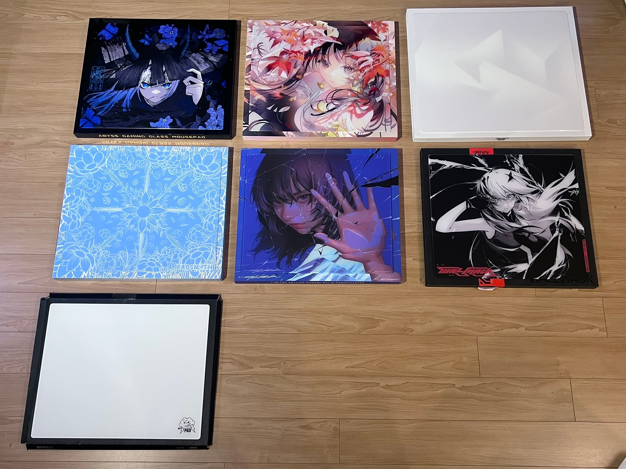 Mousepad collection laid out side by side